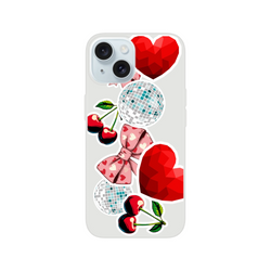 Y2K clear iPhone case featuring sticker-style cherries, pink heart bow, glossy red hearts, and disco balls.