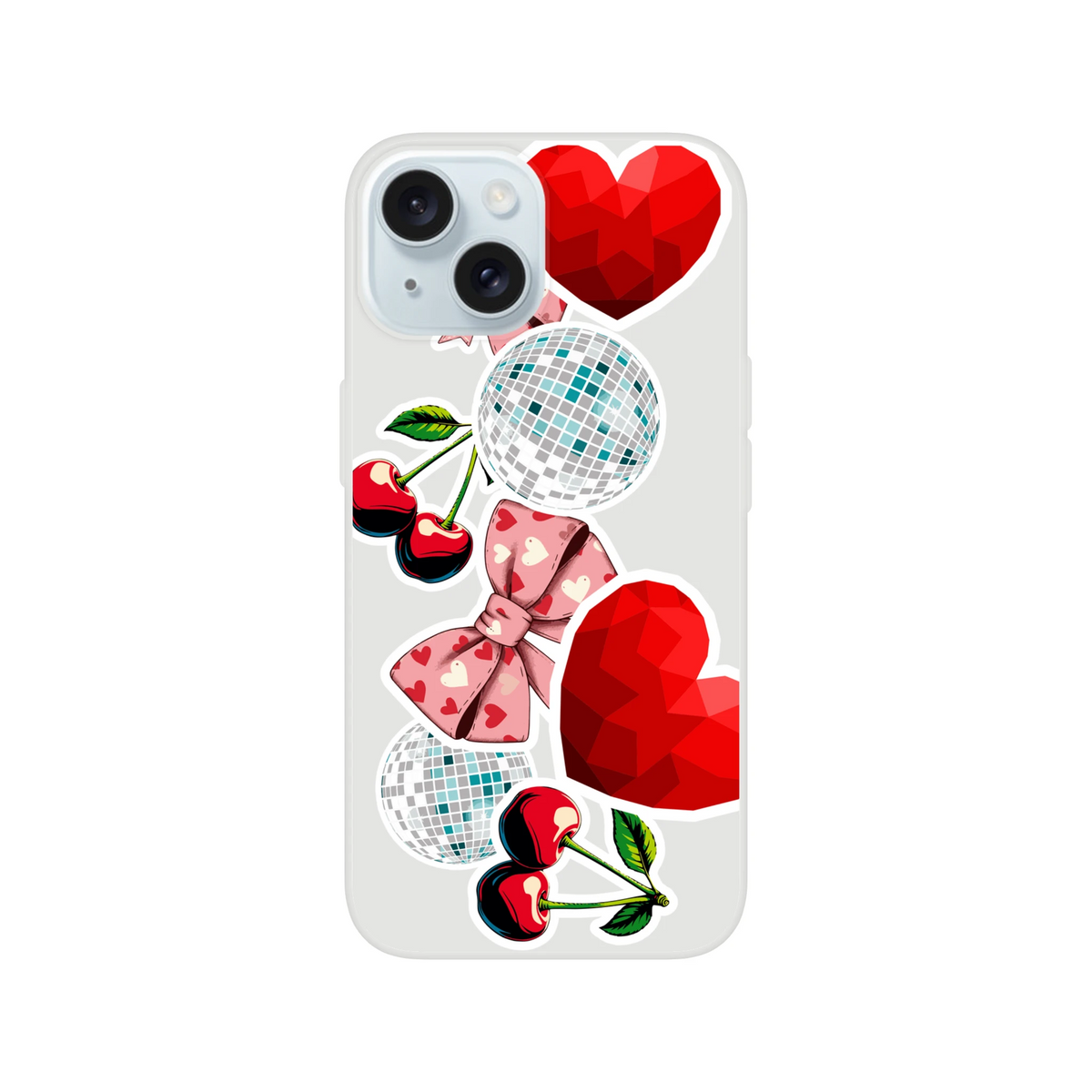 Y2K clear iPhone case featuring sticker-style cherries, pink heart bow, glossy red hearts, and disco balls.