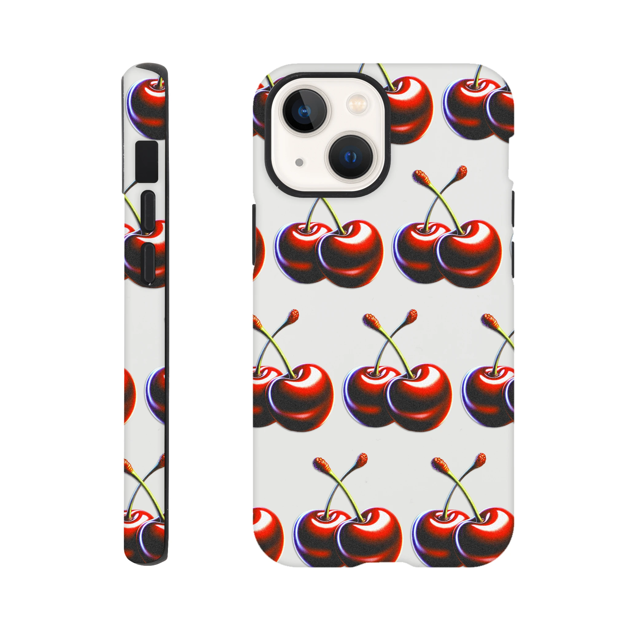 Cherries-pattern tough protective case with dual-layer wraparound print for iPhone 16-13, precisely aligned.