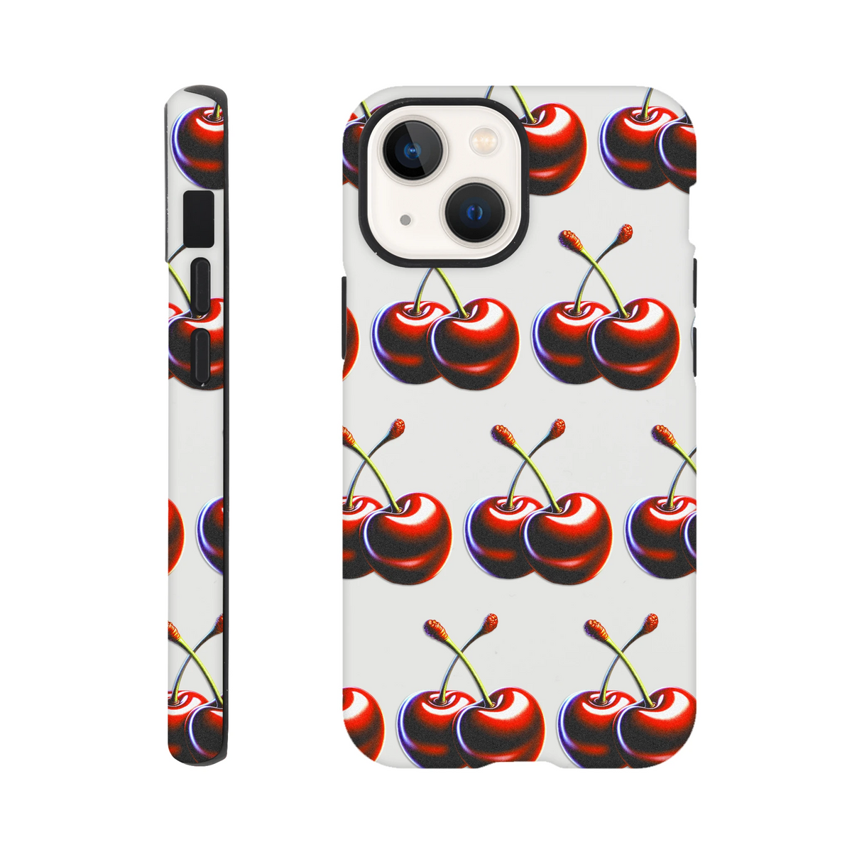 Cherries-pattern tough protective case with dual-layer wraparound print for iPhone 16-13, precisely aligned.