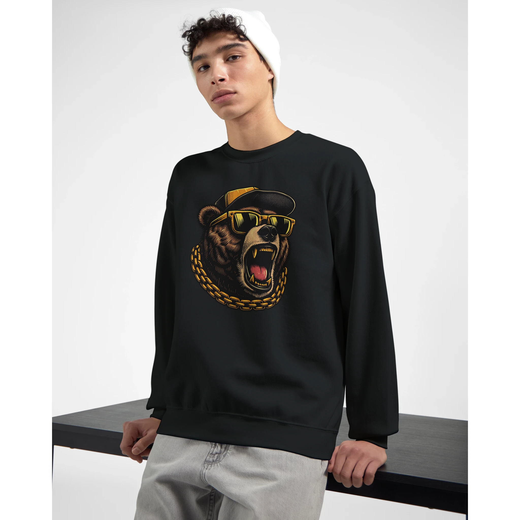 Black men's graphic sweatshirt featuring a roaring grizzly bear wearing sunglasses and a gold chain.