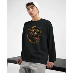 Black men's graphic sweatshirt featuring a roaring grizzly bear wearing sunglasses and a gold chain.