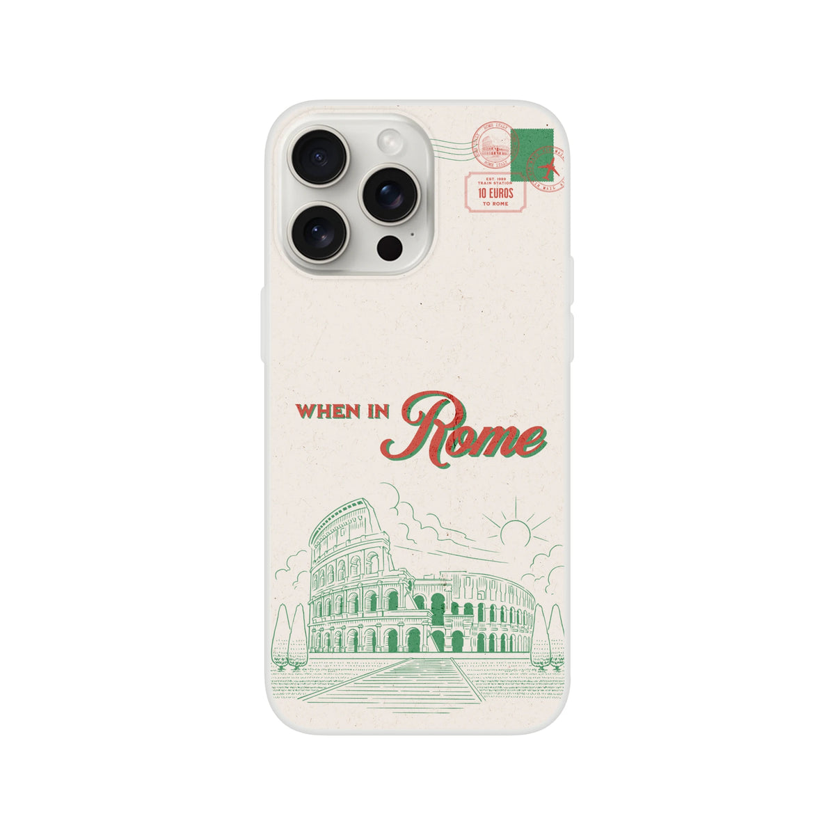 Vintage postcard iPhone case (13-16) with Rome stamps, Colosseum illustration, When in Rome.