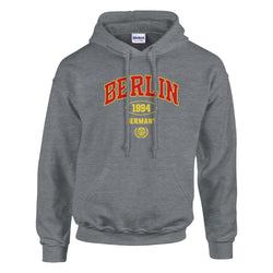 Berlin graphic women's hoodie in grey, soft cotton blend with red lettering and yellow 1994 design