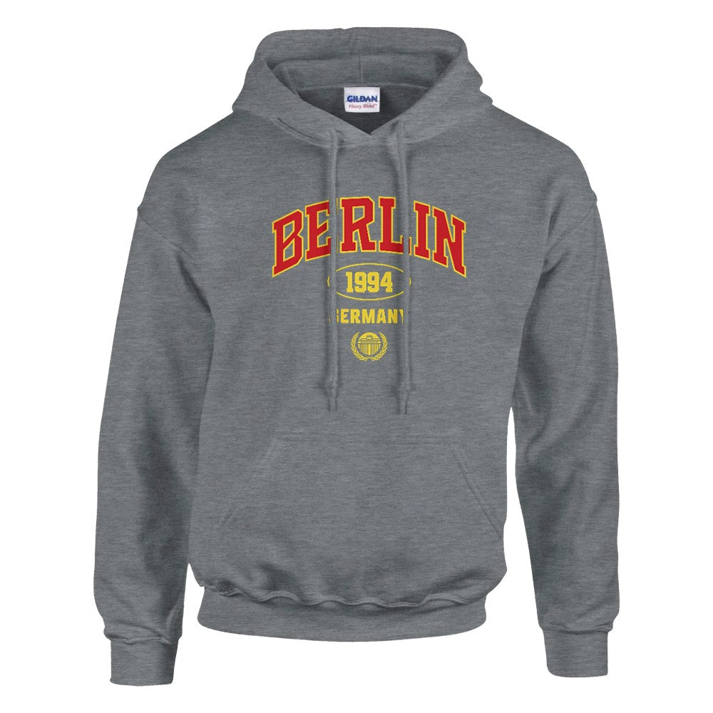 Berlin graphic women's hoodie in grey, soft cotton blend with red lettering and yellow 1994 design