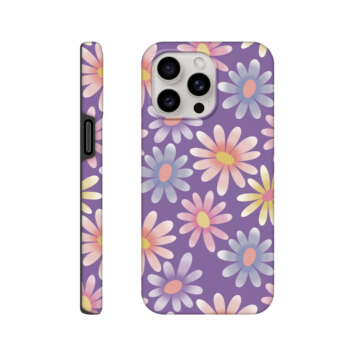 Purple iPhone case featuring a retro pastel daisy floral pattern and shock-absorbing TPU protection for models 13-16.