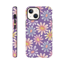 Purple iPhone case featuring a retro pastel daisy floral pattern in pink, yellow, and blue with a tough shock-absorbing design.
