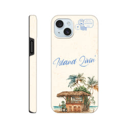 Island Livin' phone case featuring a watercolor thatched beach bar, palm trees, and blue travel stamps on a textured cream background.