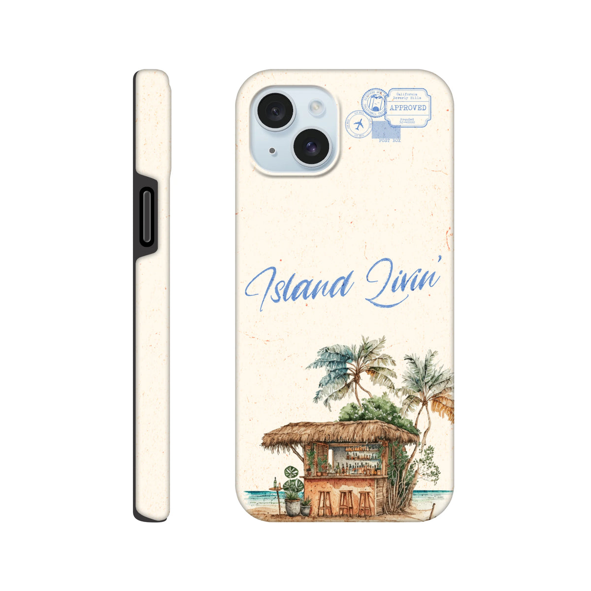 Island Livin' phone case featuring a watercolor thatched beach bar, palm trees, and blue travel stamps on a textured cream background.