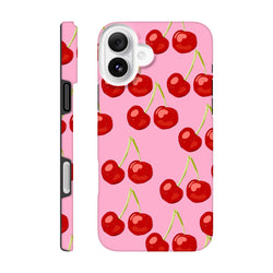 Pink iPhone case featuring a cute red cherry pattern with a seamless wraparound print for tough protection and street-ready style.