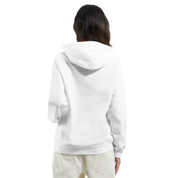 Back view of a women's white coquette aesthetic pullover hoodie. Casual streetwear fit with a relaxed hood and soft fabric drape.