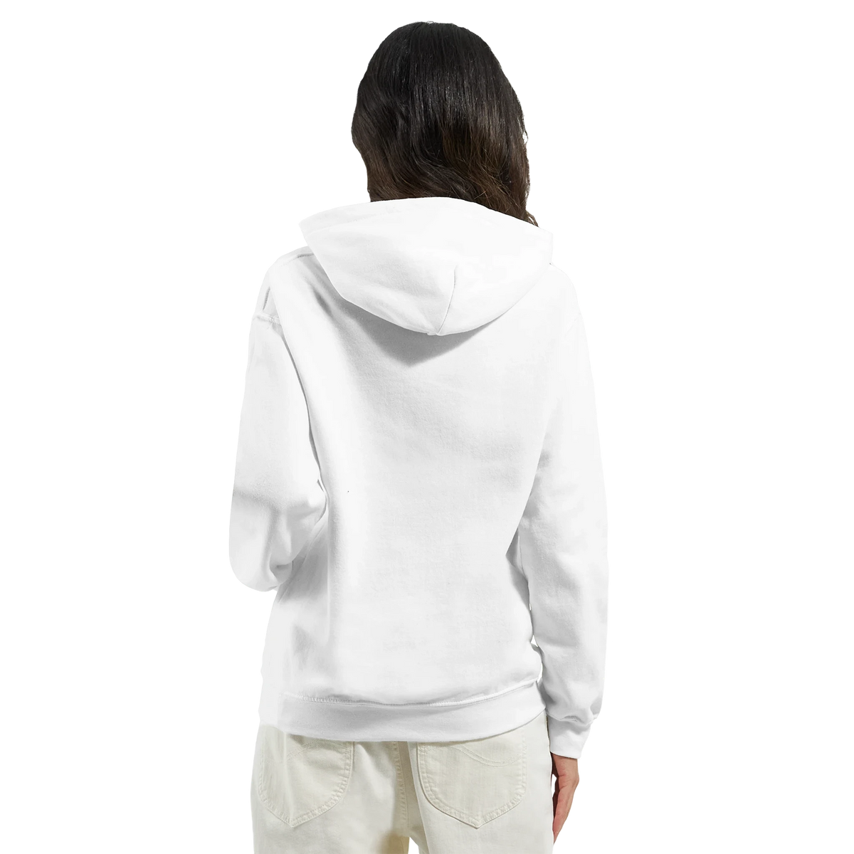 Back view of a women's white coquette aesthetic pullover hoodie. Casual streetwear fit with a relaxed hood and soft fabric drape.