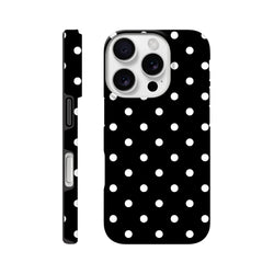 Black and white polka dot tough iPhone case with dual-layer impact resistance and shock-absorbing TPU core for models 13-16.