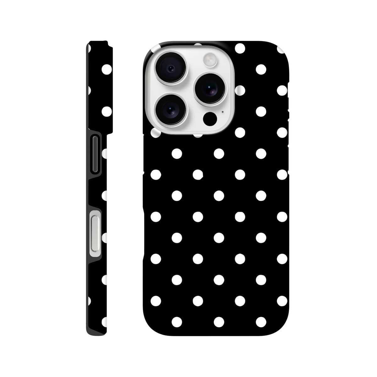 Black and white polka dot tough iPhone case with dual-layer impact resistance and shock-absorbing TPU core for models 13-16.