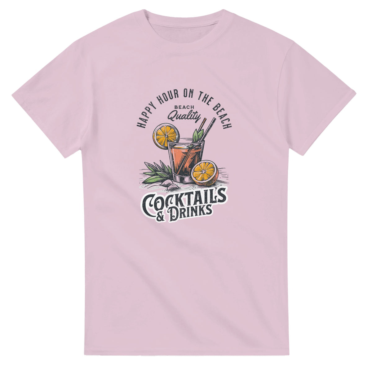 Pink Happy Hour women's graphic T-shirt with tropical cocktail, lemon slices, Cocktails & Drinks, cotton blend.
