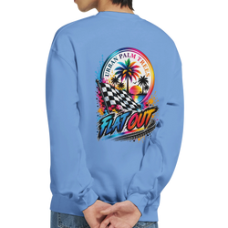 Blue sweatshirt back featuring colorful "Flat Out" checkered flag graphic, palm trees, and sunset for modified car culture streetwear.