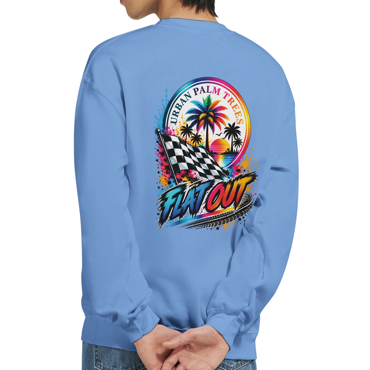 Blue sweatshirt back featuring colorful "Flat Out" checkered flag graphic, palm trees, and sunset for modified car culture streetwear.