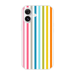 Pastel Rainbow Stripe iPhone Case (13-16) Colourful Retro Phone Cover with frosted transparent shell and rainbow print.