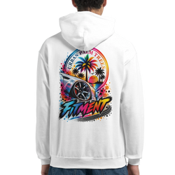 White petrolhead streetwear hoodie featuring colorful car graphic, palm trees, and bold Fitment text on the back.