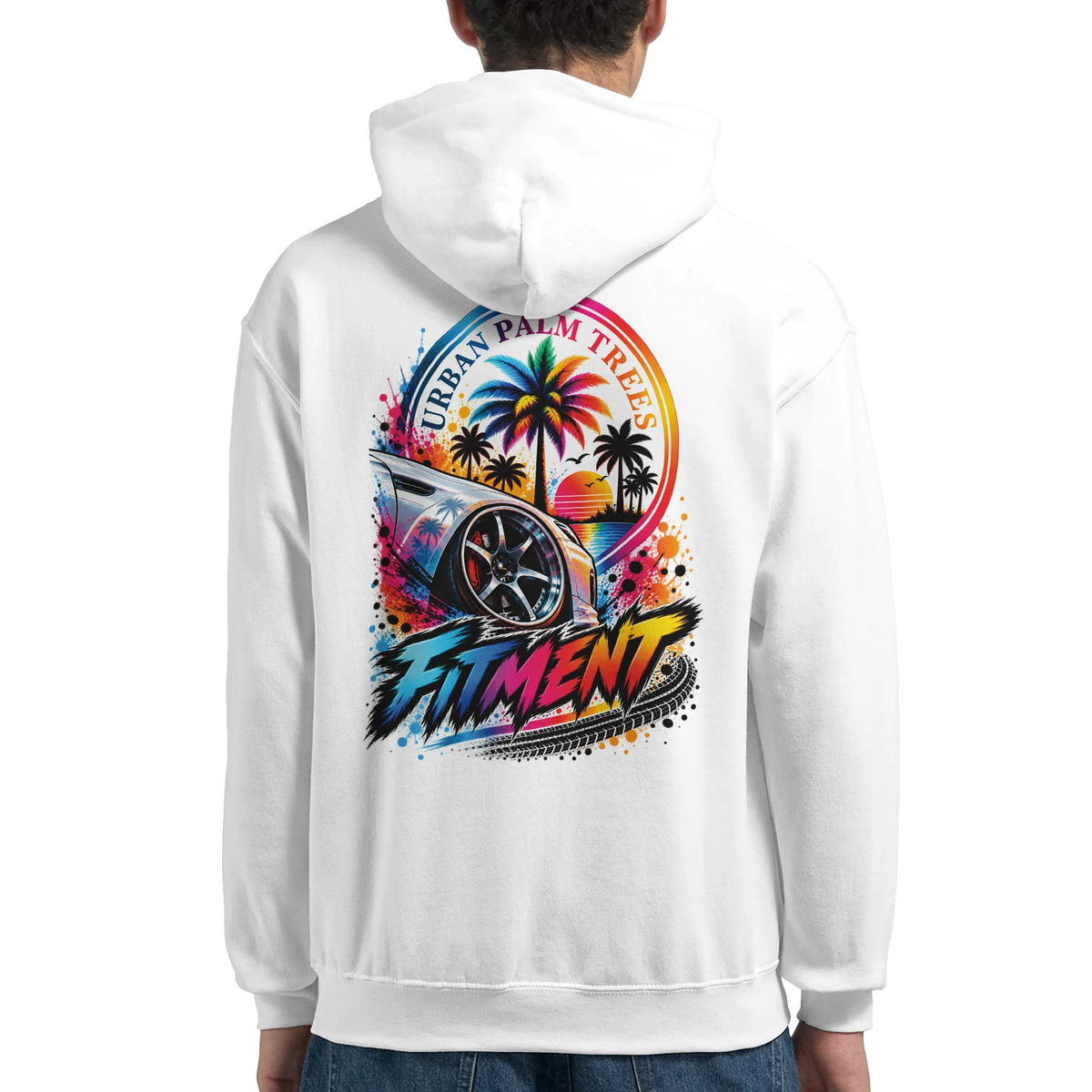 White petrolhead streetwear hoodie featuring colorful car graphic, palm trees, and bold Fitment text on the back.