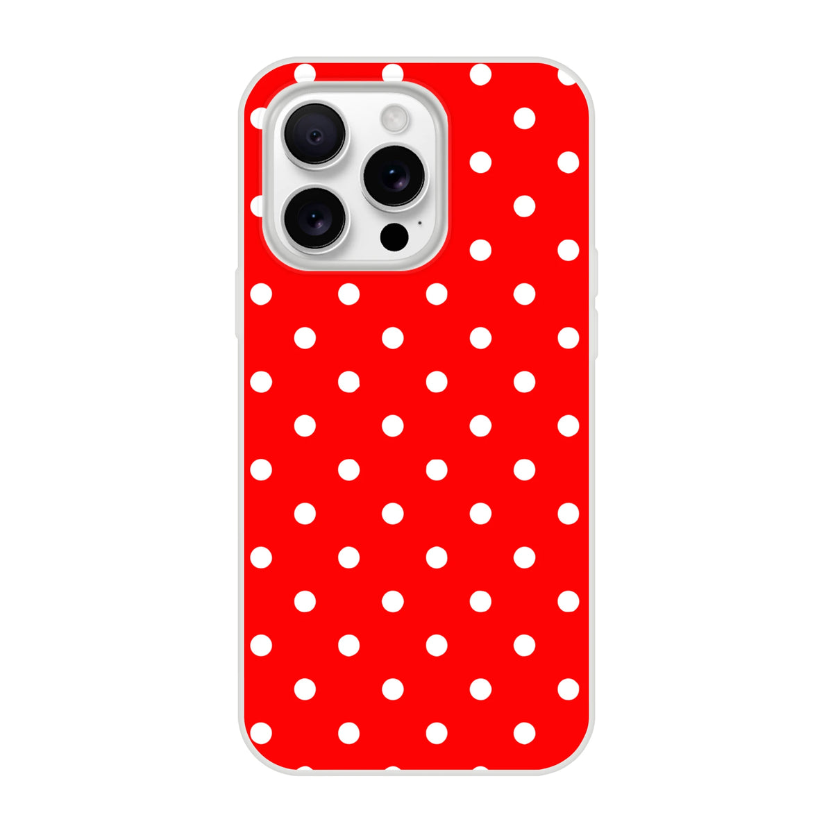 Retro red and white polka dot iPhone case featuring a slim TPU shell for shock absorption and secure everyday protection on iPhone 13-16 models.