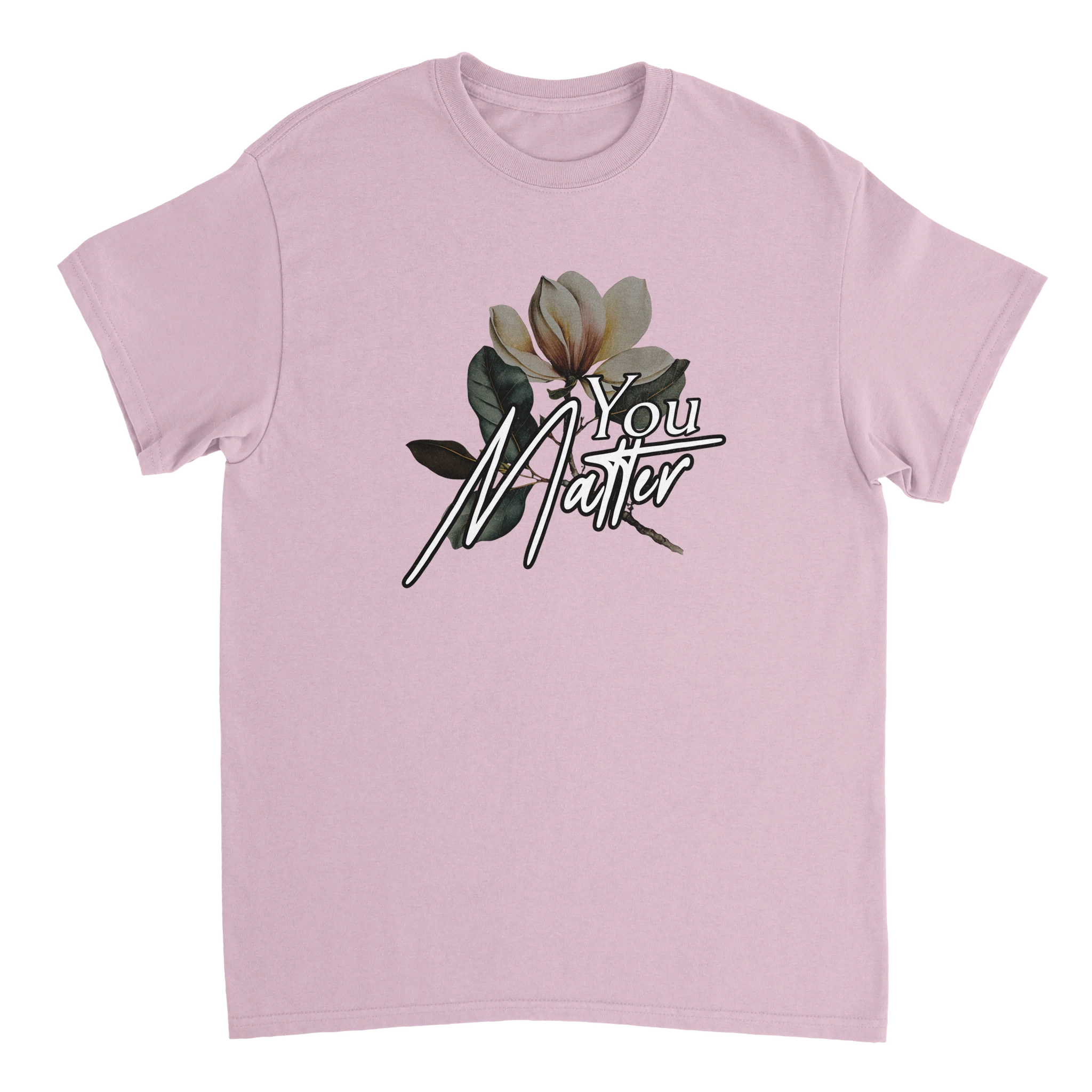 Light pink women's graphic tee with You Matter slogan and floral bloom design.