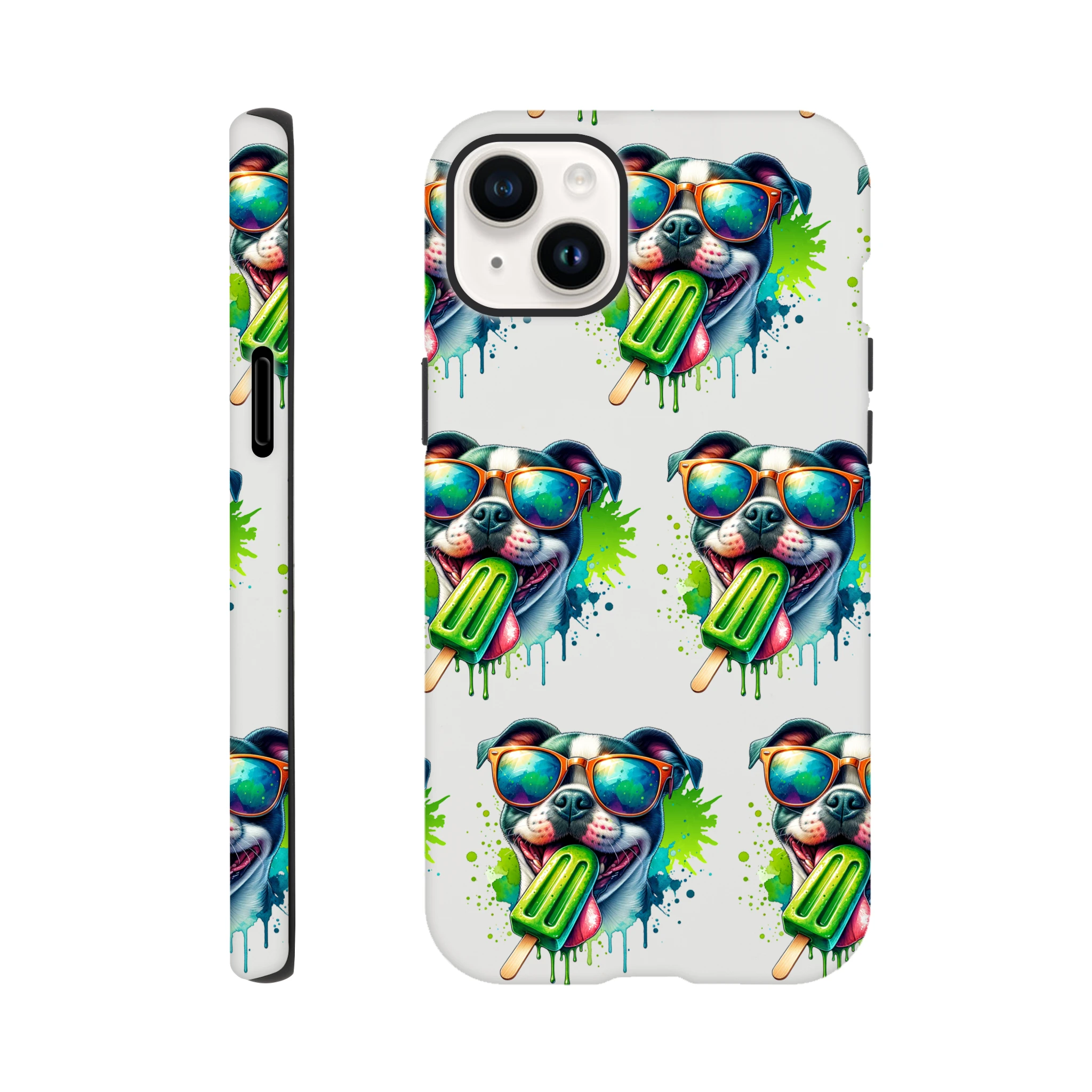 Chill Dog tough protective iPhone case with repeating sunglasses-wearing dog and green popsicle wraparound print.