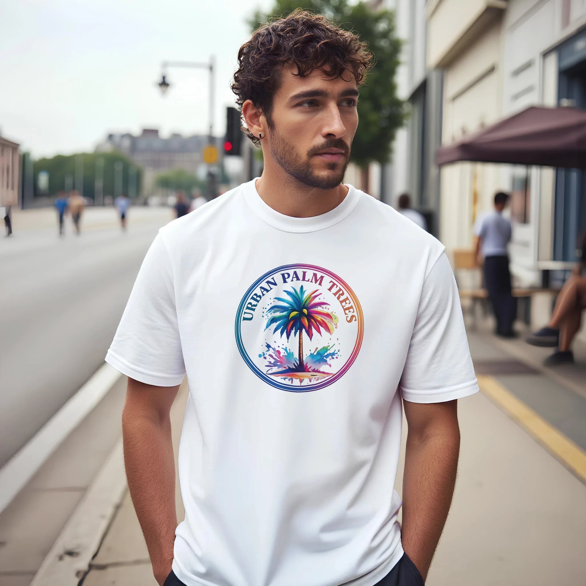 Man wearing retro palm tree T-shirt for men with a colorful circular palm graphic on an urban street.