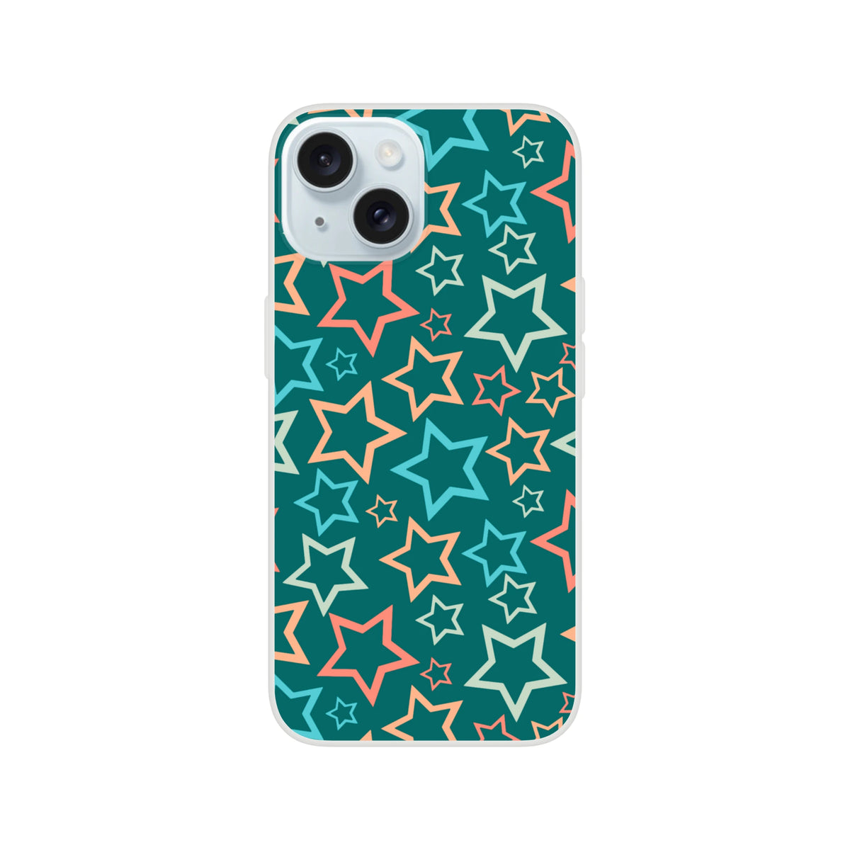 Retro multicolour star-pattern iPhone case for 13–16, teal background with peach and blue star outlines.
