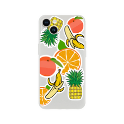 Clear iPhone case featuring sticker-style graphics of oranges, bananas, pineapples, and peaches for a vibrant tropical streetwear look.