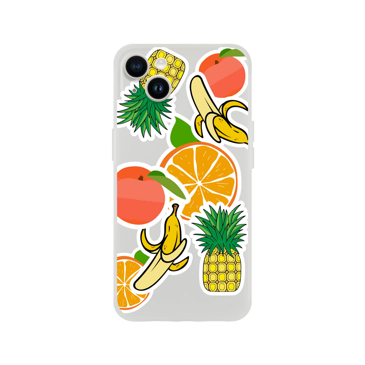 Clear iPhone case featuring sticker-style graphics of oranges, bananas, pineapples, and peaches for a vibrant tropical streetwear look.