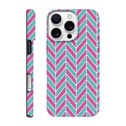 Pink and turquoise herringbone geometric iPhone case with tough dual-layer TPU protection and glossy finish for models 13-16.