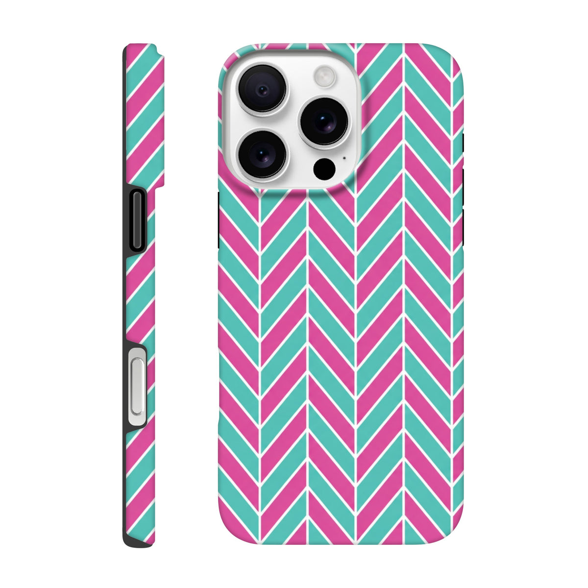 Pink and turquoise herringbone geometric iPhone case with tough dual-layer TPU protection and glossy finish for models 13-16.