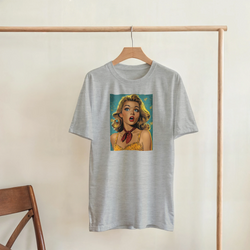 Vintage Pin-Up Graphic T‑Shirt for Men on a wooden rack; retro Americana streetwear tee with bold pin‑up art.