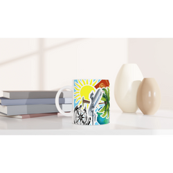 Travel adventure ceramic mug featuring compass, airplane, palm tree, sun, and passport design on a white shelf.
