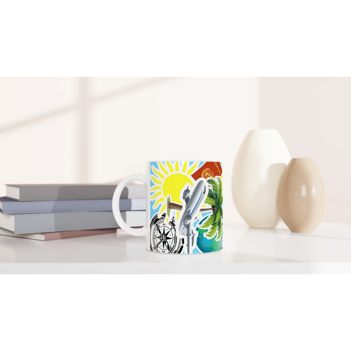 Travel adventure ceramic mug featuring compass, airplane, palm tree, sun, and passport design on a white shelf.