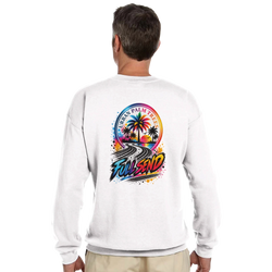 White sweatshirt back graphic featuring "Full Send" text, tire tracks, and tropical palm trees in a vibrant modified car culture design.