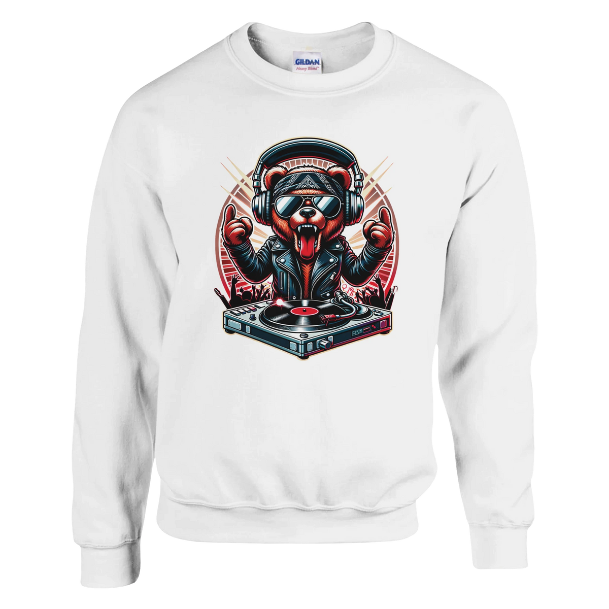 Teddy bear DJ graphic on white sweatshirt with headphones, sunglasses, leather jacket, and turntable