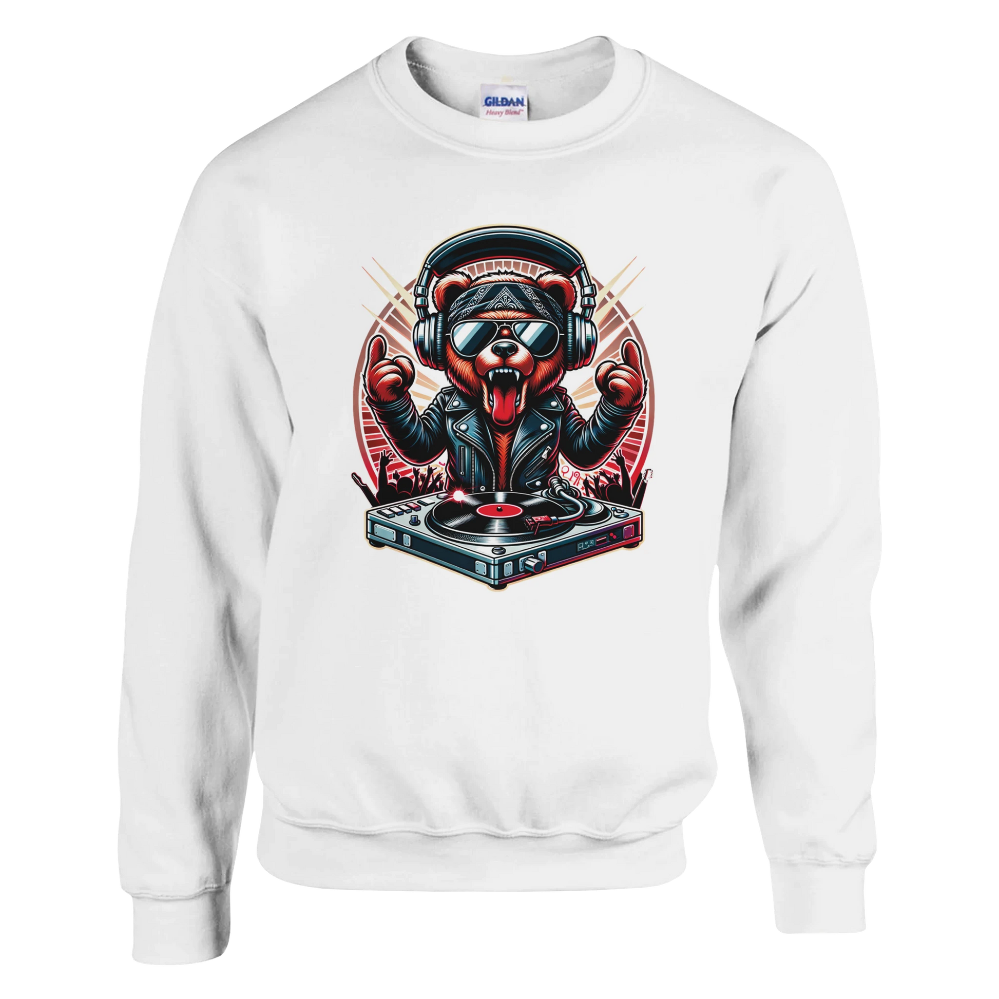 White men's graphic sweatshirt with a graphic of a bear DJ on a white background