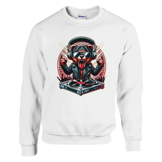 White men's graphic sweatshirt with a graphic of a bear DJ on a white background