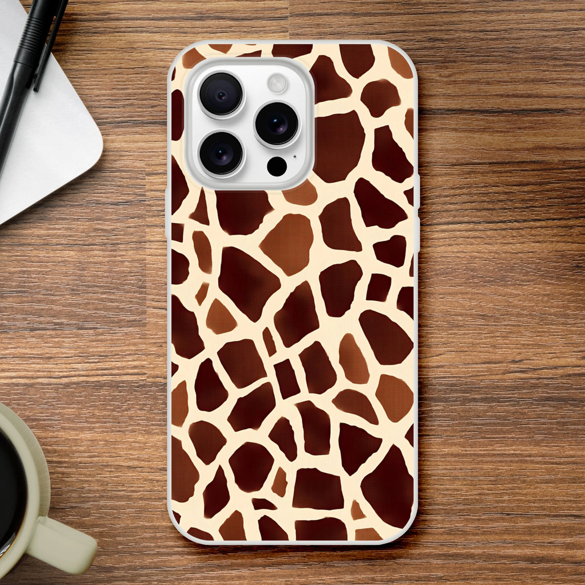 Brown giraffe print Safari iPhone case for iPhone 13–16, bold animal phone cover.