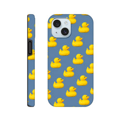 Blue kawaii iPhone case featuring a repeating pattern of yellow rubber ducks. Tough phone cover for streetwear style.