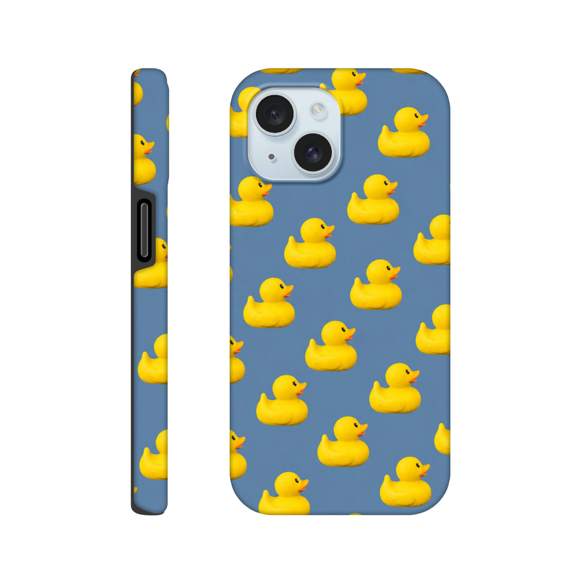 Blue kawaii iPhone case featuring a repeating pattern of yellow rubber ducks. Tough phone cover for streetwear style.
