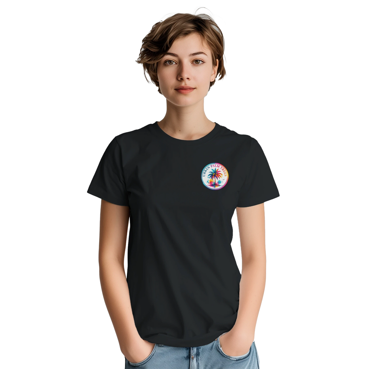 Woman wearing black t-shirt with small colorful Urban Palm Trees graphic on chest. Retro fruit and palm tree design for casual wear.