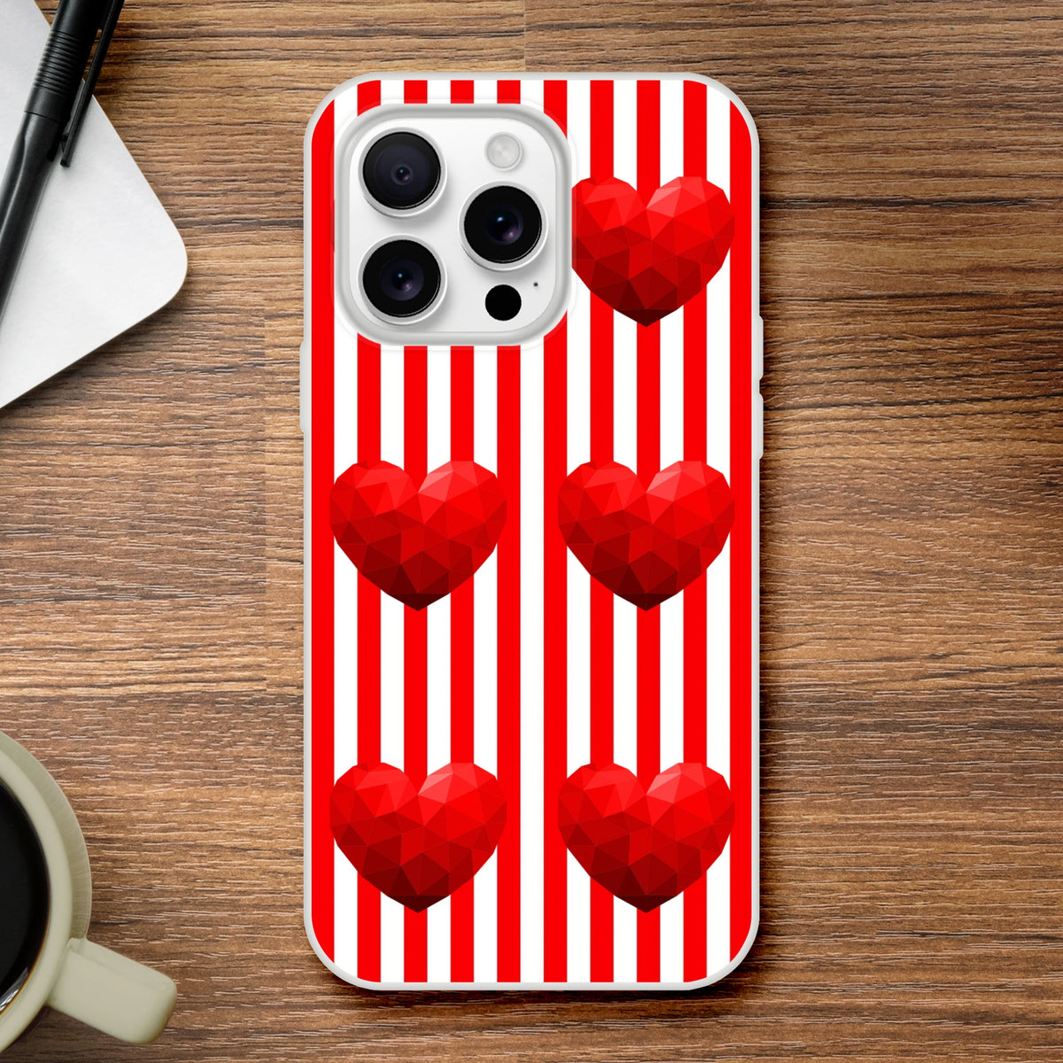 Red Stripe Heart iPhone Case for iPhone 13-16 with red stripes and geometric hearts, cute romantic aesthetic.