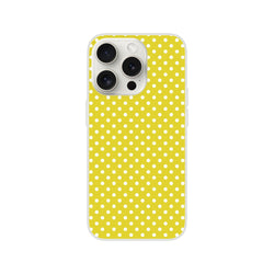 Retro yellow and white polka dot iPhone case with slim TPU protection for iPhone 13 through 16 models.