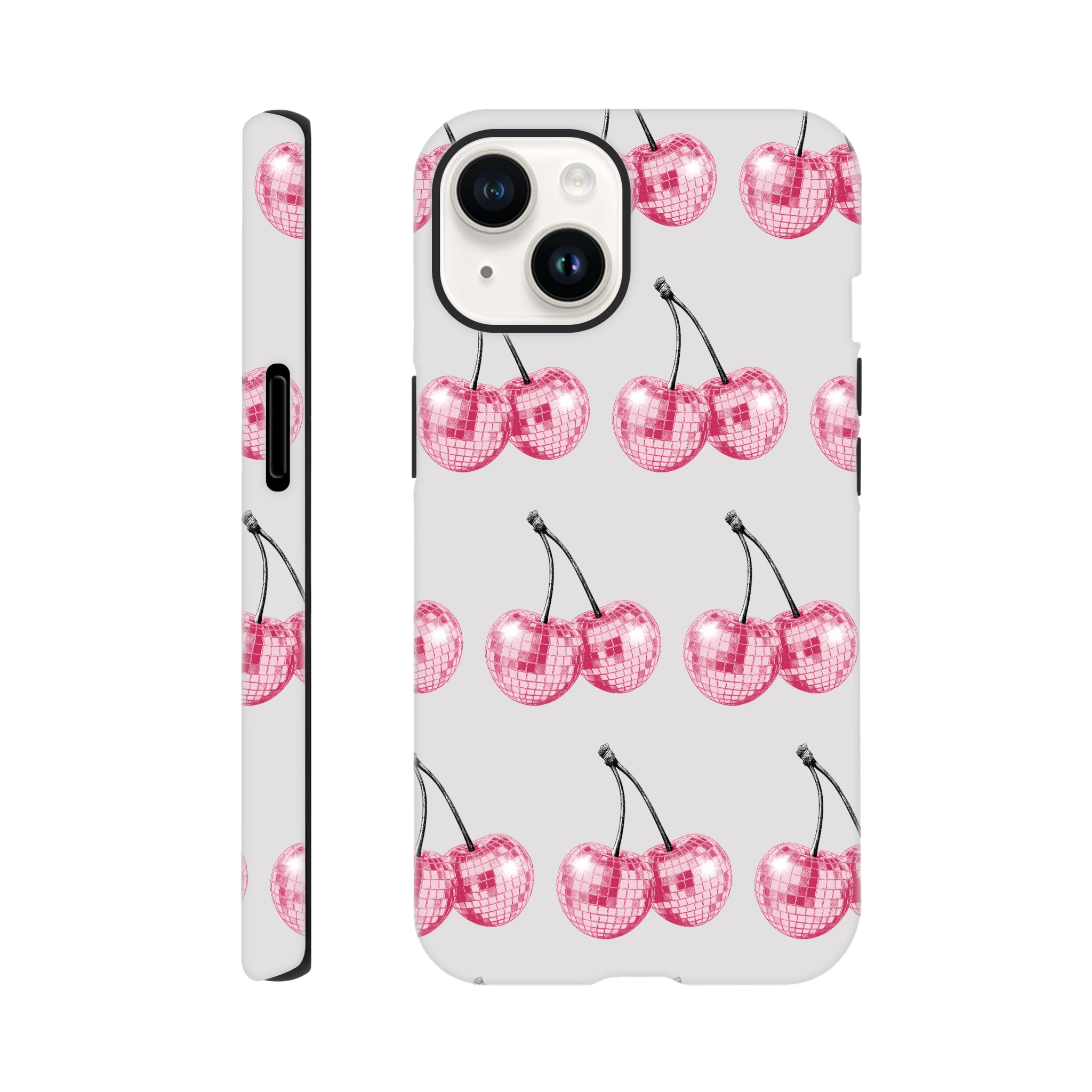 Glitter ball cherries wraparound dual-layer protective case for iPhone 13–16 with glossy pink cherry print.