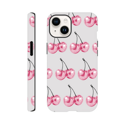 Glitter ball cherries wraparound dual-layer protective case for iPhone 13–16 with glossy pink cherry print.