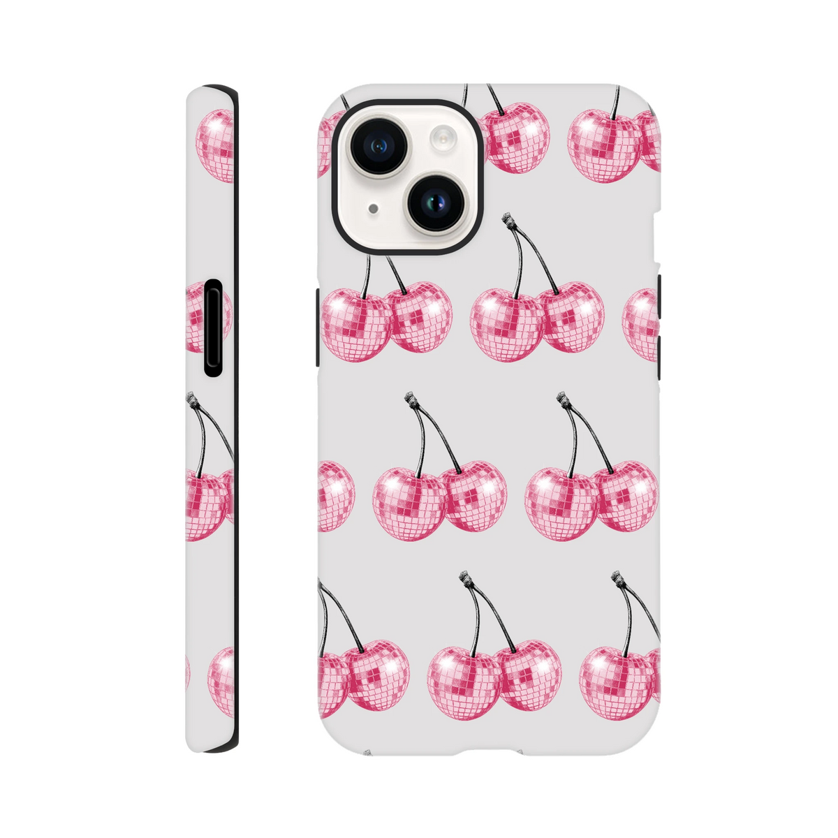Glitter ball cherries wraparound dual-layer protective case for iPhone 13–16 with glossy pink cherry print.