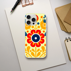 Vintage Floral iPhone Case (13-16) with retro botanical print, yellow-orange floral design, slim matte finish.